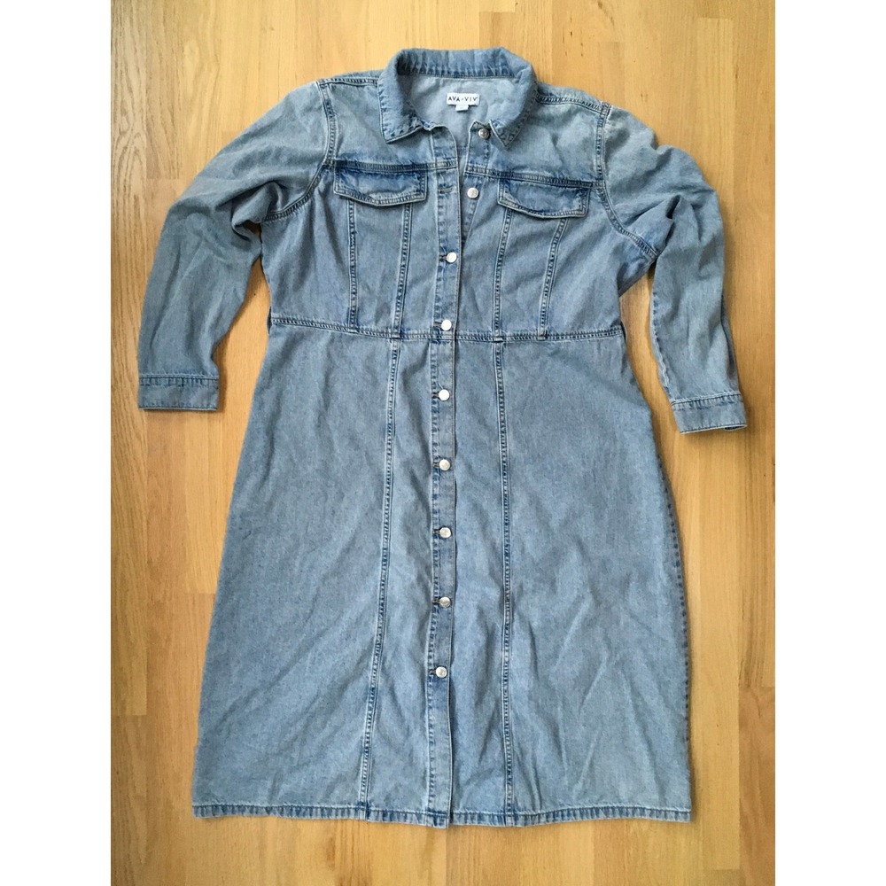 Ava & Viv Womens Light Wash Denim Button Front Midi Dress Long Sleeve Blue